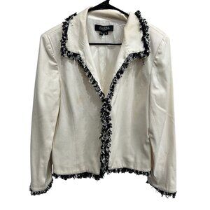 Peck & Peck Womens Ivory Black Fringe Trim Blazer Size 14